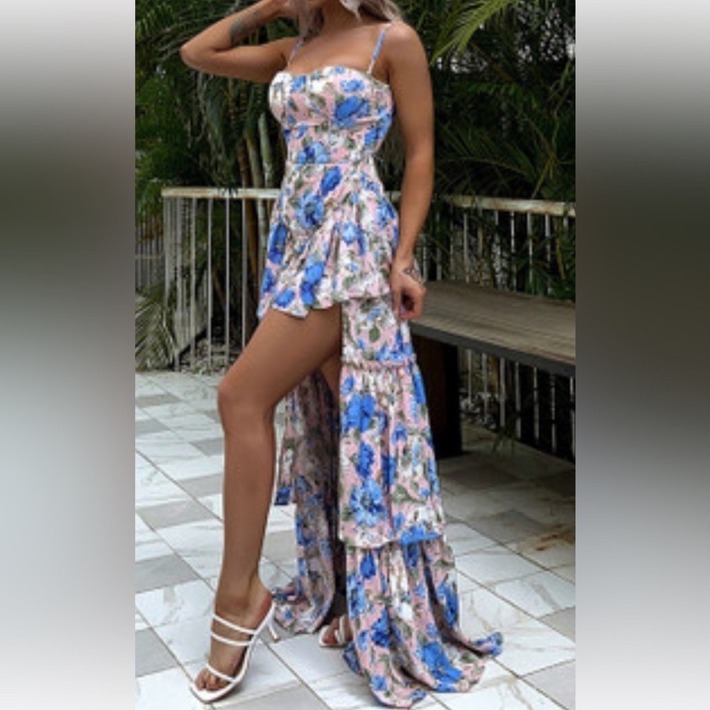 Miss Ord Cotton Blend Romance Coquette Floral Blue and Pink W Dress Size XS. F12
